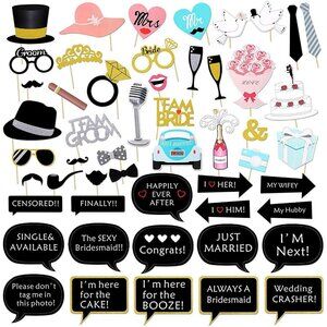 52pcs Wedding Photo Booth Props, Bachelorette Party Photo Booth Prop Kit for Bri